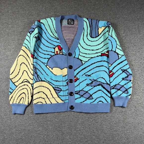 Steady Hands Sweaters - Steady Hands Fishy in the Sea Cardigan Sweater Blue Knit Womens Size M/L